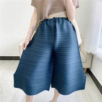 Na jar a v lete nové Miyake skladaný širokú nohu nohavice voľné 7-bod nohavice split elastický pás skladaný nohavice ženy