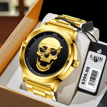 LIGE Nové Gold Luxusné Hodinky Mužov Športové Nehrdzavejúcej Ocele Sledovať Mužov Lebky Hodinky Zlaté náramkové hodinky Muž 2022 Relogio Masculino