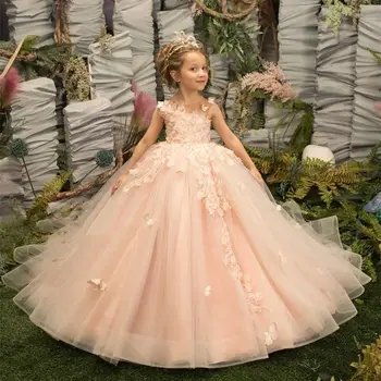 Peach Kvetina Dievča Šaty Tylu Plesové Šaty, Čipky Dĺžka Podlahy Princess Narodeniny Prvé Sväté Prijímanie Šaty