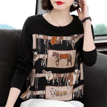 2022 Jeseň Jar O Krk Polyester Dlhý Rukáv dámske tričko Fashion kórejský Štýl Zvierat Vzor Nadrozmerné T Shirt kórejského