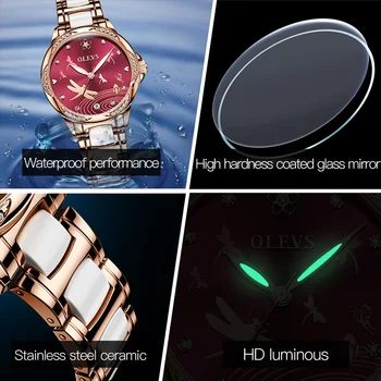 OLEVS Valentines Day darčeky Hodinky pre Ženy, luxusné Automatické Mechanické motýľ keramiky s Nehrdzavejúcej Ocele lady športové hodinky