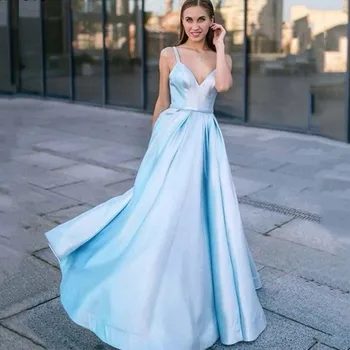 Sexy Svetlo Modrá A-Line Prom Šaty 2021 tvaru Backless Večerné Šaty Kvalitné Špagety Popruhy Vestido de fiesta de boda