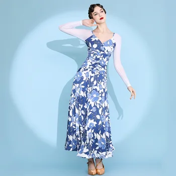Modrá Sála Tanečné Šaty Americkej hladké šaty Tango Valčík šaty Žien Ballroom Dance krátky rukáv, modrá kvetina tlače 9084