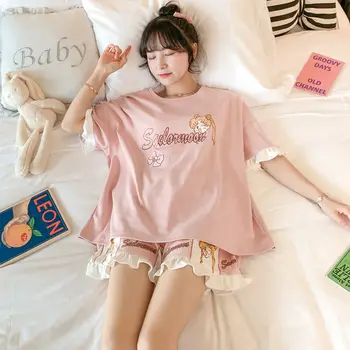 Japonsko Kawaii Pyžamá pre Ženy, Krátky Rukáv Bavlna Sleepwear Bowknot Ružová Homesuit pre Dievčatá Tenké Letné Pyžamo Karikatúra Roztomilý Iny
