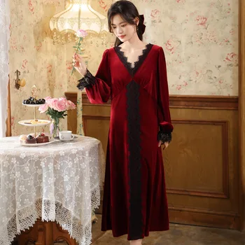 Čipky Vintage Nightgown Francúzske Retro Súd Štýl Velvet Nightdress Župane V Krku Víla Velúrové Salónik Nosiť Domov Jeseň