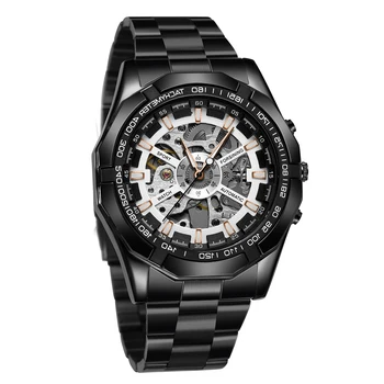 Forsining hodinky pánske na voľný čas elektrolyticky pokrývajú volfrámové ocele, automatické mechanické hodinky náramkové hodinky, čierne hodinky