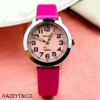 NAZEYT malých chlapcov, dievčatá roztomilé ružové tvár jednoduchý dizajn quartz hodinky deti PU leahter náramkové hodinky deti svietiace ručičky darček hodiny