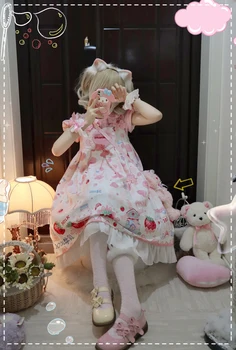 Sladké Ružové Lolita stspoločnosťou yle JSK Tlač Princezná Šaty Žien Roztomilý Čela Čipky Strany Popruh Šaty, Dievčenskú Harajuku Kawaii Y2k Mini Vestidos