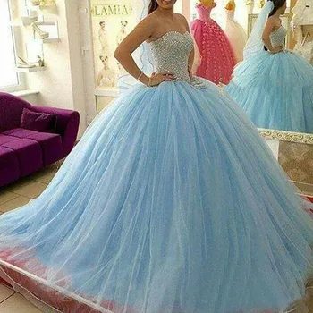 Luxusné Crystal Quinceanera Šaty plesové Šaty, Zlatko Tylu Sky Blue Prom Debutante Šestnásť Sweet 16 Šaty vestidos de 15 anos