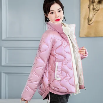 2023 Ženy Zimné Bundy Kabáty Hrubé Dole Bavlna Vatovaný Kabát Žena Vetrovka Kórejský Lesklý Krátka Srsť Žena Windbreaker Bundy