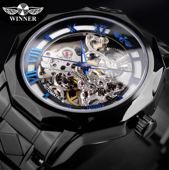Víťaz Móde Automatický Nehrdzavejúcej Ocele Muž Náramkové hodinky Mužov Kostra Mechanické Hodinky s Modrým Ihly Transparentné Prípade, Hodinky