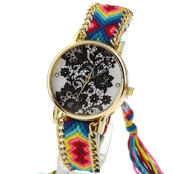 Gnova Platinum Ženy Sledovať Etnických black tatting dial Textílie, Čipky Pletené Hippie Módne Náramkové hodinky quartz crystal Femme Hodiny