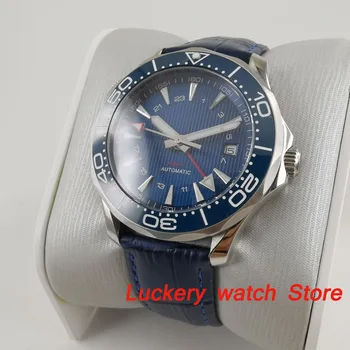 41mm č logo Luxusné hodinky modrá dial Svetelný saphire sklo, Kožený remienok GMT Automatické muži Mechanické Hodinky-BA190