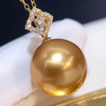 D914 Pearl Prívesok Jemné Šperky Pevné 18K Gold okolo 11-12mm Prírodnej Morskej Vody Golden Pearl Prívesok Neckalces pre Ženy, Darčeky