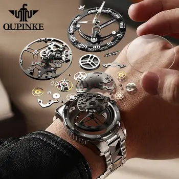 Top Značky OUPINKE Luxusné pánske Mechanické Náramkové hodinky Automatické Hodinky Mužov Klasické Kostra Volfrámové Ocele Sapphire Nepremokavé