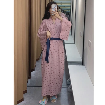 Japonskom Štýle Kimono Cardigan Šaty kórejský Bavlnené Pyžamá Priateľka Kvetinový Dlhým rukávom Home Service Čipky Domov Služba, Župan