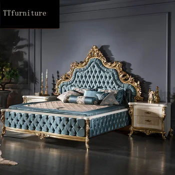 Moderný európsky taliansky masívneho dreva originálne kožené postele Módne Vyrezávané luxusné francúzske spálňa nastaviť nábytok king size jxj69