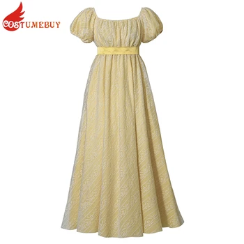 TV Inšpiroval Regency Šaty Čipky Vytlačené Žltá Maxi Šaty Lístkového Rukáv Vintage Módy Ženy Šaty Tea Party plesové Šaty