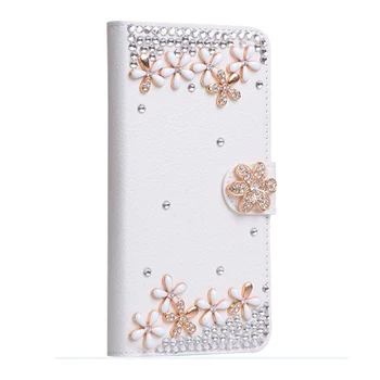 Bling Diamant, Biele Kožené puzdro pre iPhone 14 Pro Max 11 12 13 XS XR X 7 8 14 Plus Lesk Kvet Magnet Karty Peňaženky Flip Cover