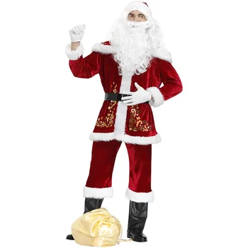 Santa Claus Kostým Mužov Červená Deluxe Zamatová Chuť 9 Ks Nastaviť Xmas Party Človeka Vianočný Kostým, Oblek Pre Dospelých Cosplay Kostým